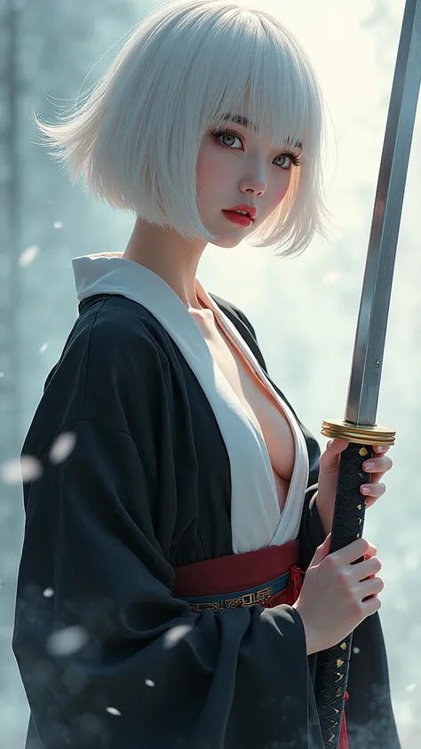 A Korean woman with short, white hair, a beautiful face showing her cleavage, wearing a black and white yukata, holding a katana, surrealistic style, pastel tones, mid shot, dramatic light.