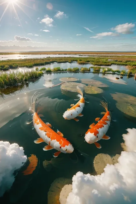 8 koi fish floating in the clouds