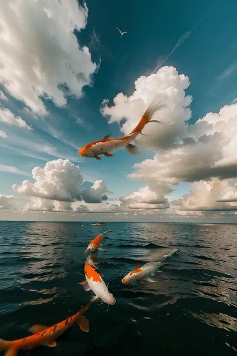 8 koi fish floating in the clouds