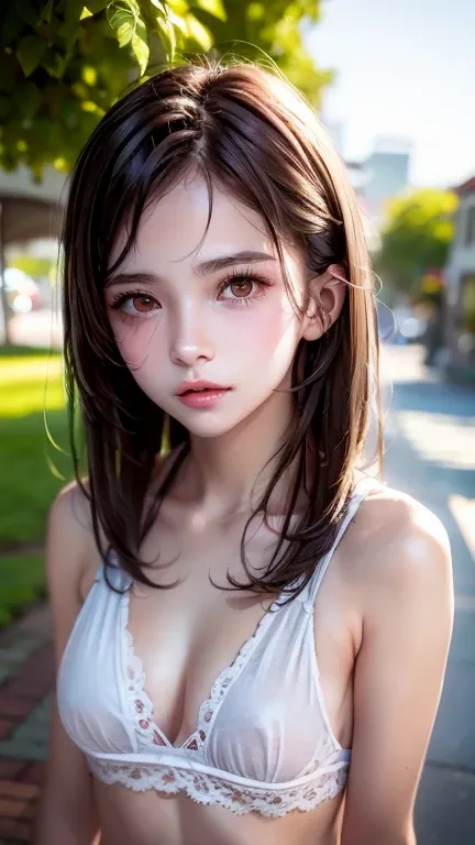 Girl in summer clothes,  As if I wanted to kiss you, (Girl looking at camera), Small breasts, Small breasts、A small amount of chest skin is visible through the gaps in her clothes, Random Background, Sexy look, ((Very detailed)), (Perfectly detailed face),...