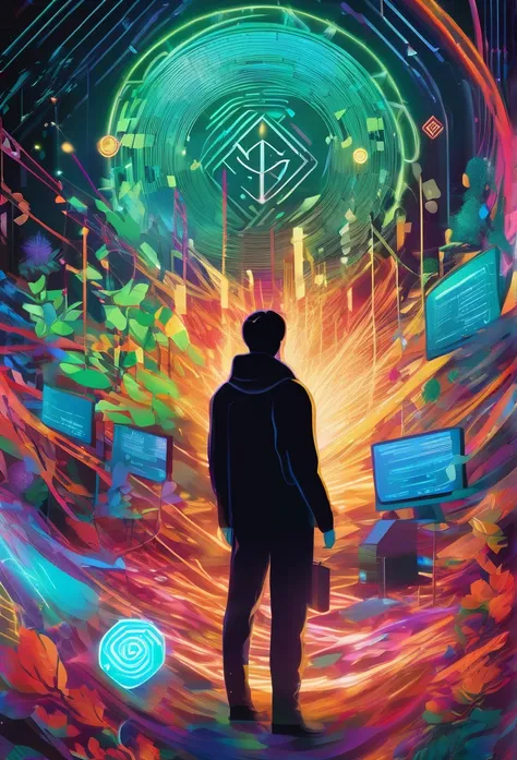 A vibrant, chaotic scene with digital plants all around and a person approaching from a distant place, glowing cryptocurrency symbol, surrounded by blurred, fast-moving digital data streams, symbolizing urgency and fear of missing out.