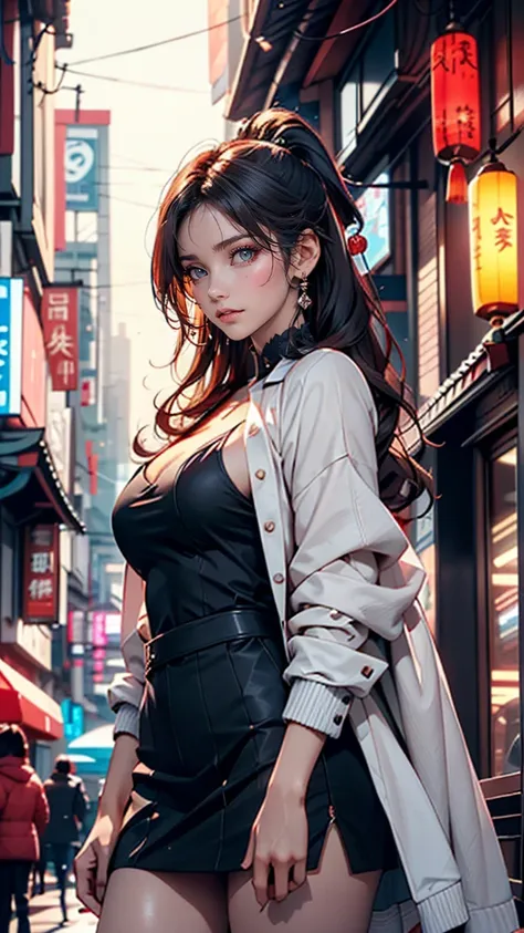 A woman in a short skirt and jacket posing for a photo., cyberpunk art by Raymond Han, Trends in CG society, Digital art, Chinese woman, korean girl, beautiful Asian girl, Asian girl, young asian woman, attractive girl, beautiful asian woman, korean woman,...