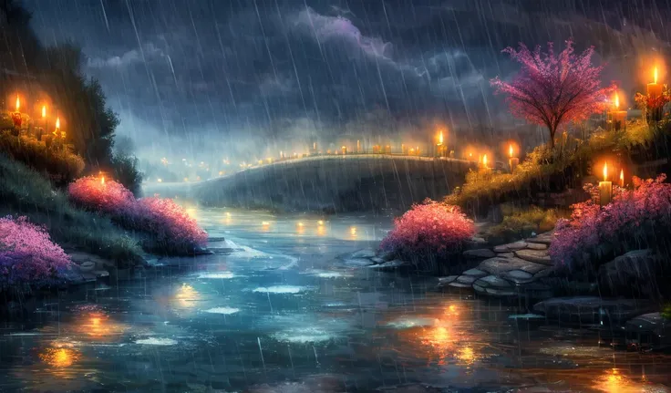 Desktop wallpaper , rainy , river with lilyss flower ,dust , many candles lamds lights on the river water , beautiful 