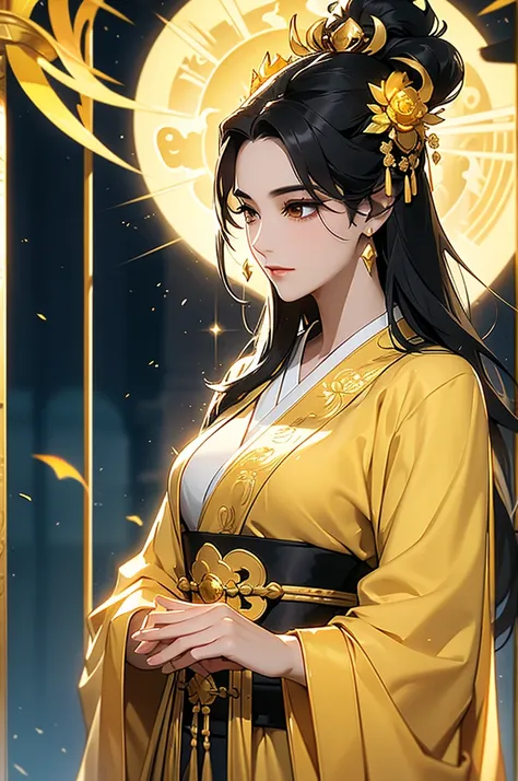 black hair, immortal, beauty, royal sister, stepmother, gold yellow taoist robe, golden phoenix coronet, hair bunch, mature woma...