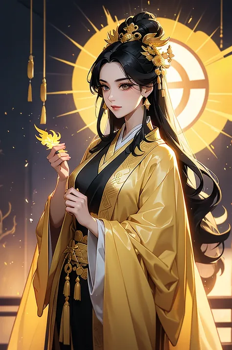 black hair, immortal, beauty, royal sister, stepmother, gold yellow taoist robe, golden phoenix coronet, hair bunch, mature woma...