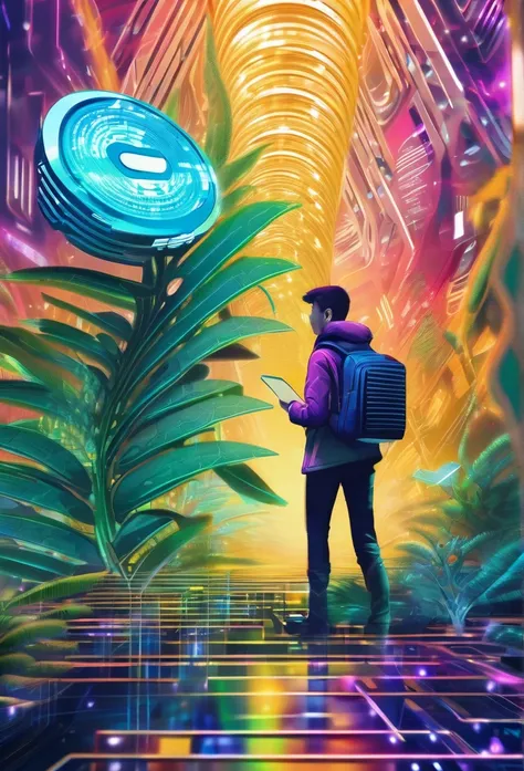 A vibrant, futuristic scene with digital ferns everywhere and a young person with a book in hand and a backpack on his back approaching a distant place, a symbol of a shiny currency, surrounded by blurry and fast-moving digital data streams, symbolizing ur...