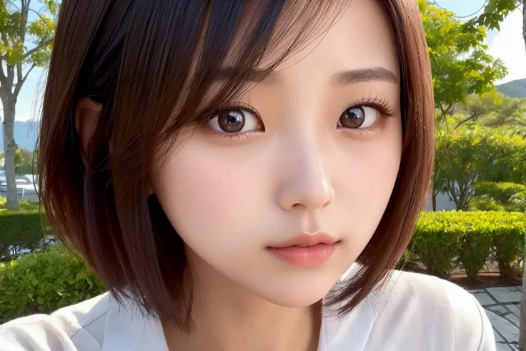 (Highest quality, 8k :1.2), (masterpiece :1.3), One girl,Beautiful woman :1.3, short hair, Highly detailed face, Detailed eyes, double eyelid, Recall, White Shirt, Outdoor, 