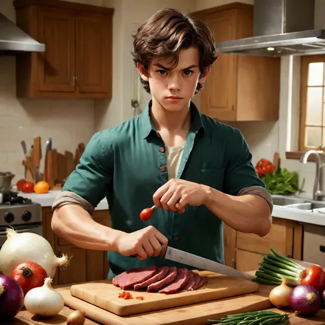 cutting board,knife,food,kitchen knife,male focus,solo,holding knife,meat,holding,1boy,bandaid on hand,onion,(Food close-ups:1.1),