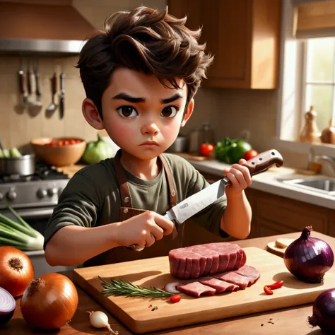 cutting board,knife,food,kitchen knife,male focus,solo,holding knife,meat,holding,1boy,bandaid on hand,onion,(Food close-ups:1.1),