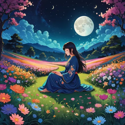 illustration of a  sitting in a field of flowers with a crescent, flower田里, serene illustration, moon, Juster Battle, flower, meditation, 坐在moon上, Wearing psychedelic witchcraft, psychedelic aesthetic, psychedelic illustration, illustration!, A quiet night...