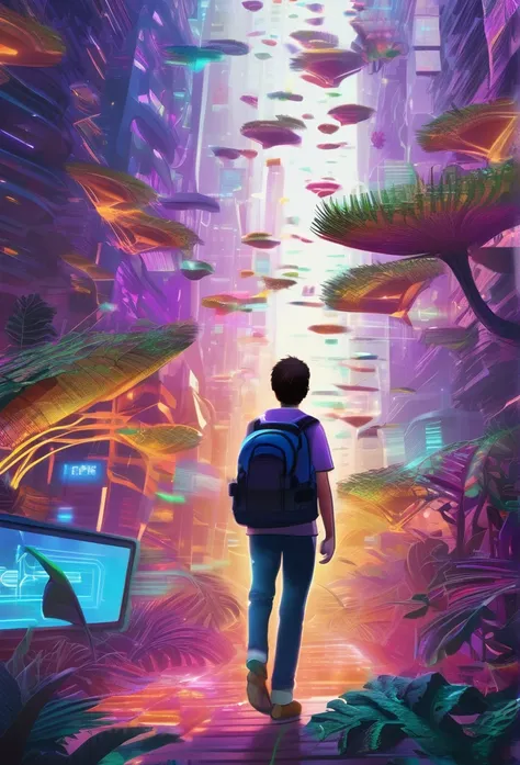 A vibrant, futuristic scene with digital ferns everywhere and a young person with a book in hand and a backpack on his back approaching a distant place, a symbol of a shiny currency, surrounded by blurry and fast-moving digital data streams, symbolizing ur...