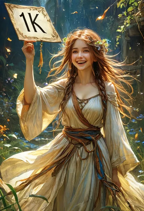 (anime, fantasy), ((best quality, highres, HDR:1.2)), (a beautiful and cute woman holding up a sign "1k"), joyful, happy, cute smile, celebration, anime illustration, photorealistic, From Brian Froud and Carne Griffiths and Wadim Kashin and John William Wa...