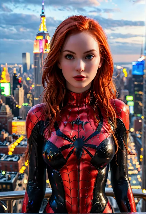 (full body shot:1) photorealistic image of a (standing pose:1) woman, ultrarealistic, photography, long red hair, woman, 24 years old, hourglass figure, perfect body, Flirty look, natural medium breasts, blur background, wearing a spider-gwen suit, standin...