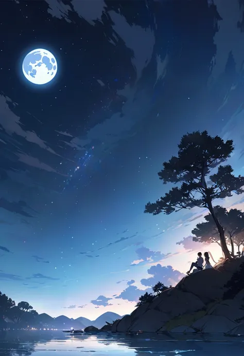 Generate a serene night scene on a small island. The island should be surrounded by calm, reflective water. A large, bright full moon should dominate the night sky, casting a soft blue glow across the scene. The sky should be filled with stars, adding to t...