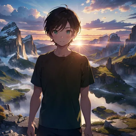 Masterpiece, best quality, high quality, 1boy, Solo, has Short Brown hair, has Green eyes, wears winter hicking clothes, slim body, muscular build, standing, on a mountain, morning sun above the mountains, high detail, Surrealism, depth of field, cinematic...