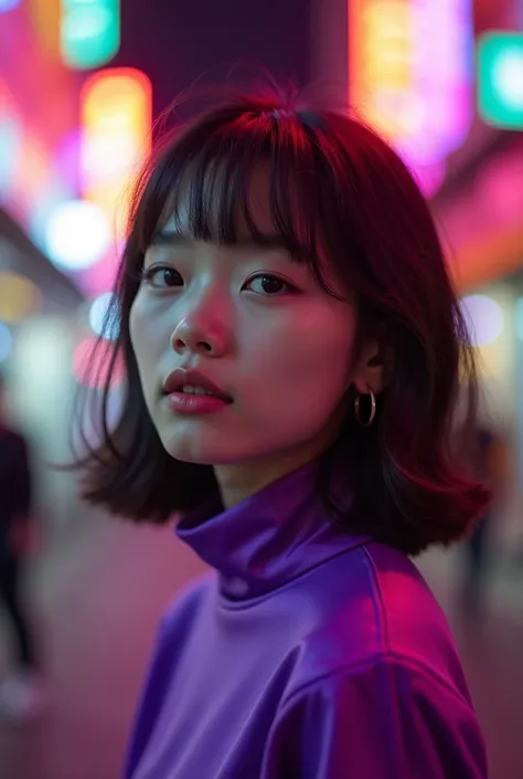 a girl in a purple top in a neon city, in the style of chinapunk, iconic album covers, soft-focus portraits, luke fildes, light amber and silver, exotic, captivating lighting