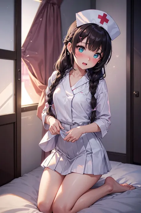 A beautiful girl dressed as a nurse kneeling on a bed using stethoscope, anime girl, (quite adorable magical nurse dress with brief pleated skirt and robe and nurse hat), white lace panties, white lace stockings, dark brown hair, bangs, french braid, long ...