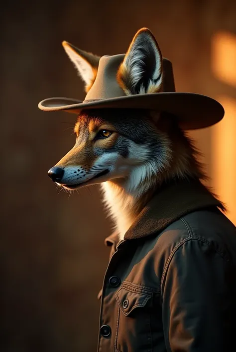 (Coyote in cowboy hat), [Back to], Coyote head,anthropology, masterpiece, Movie Lighting, Atmospheric lighting, Subsurface scattering,