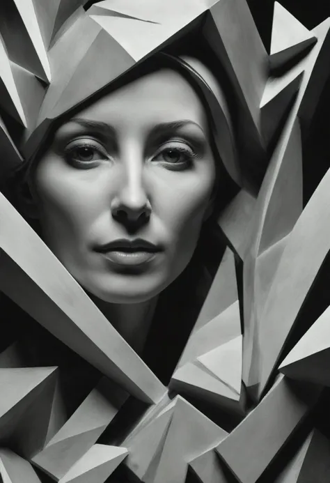 a woman made of geometric fragmented forms,black and white abstract sculpture,louise nevelson style,masterpiece,ultra-detailed,p...