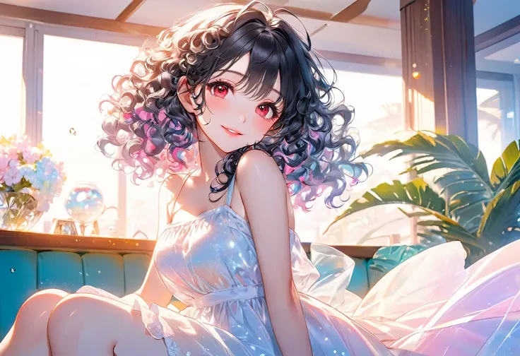 (Pastel color art style) (double exposure pastel color), (solo:2, 15 yo) (beautiful curly:1.3) (beautiful pastel black hair long hair) (immensely beautiful princess girl) (detailed cute red eyes) (best smile, glossy lip) (medium tits), in a white summer dr...