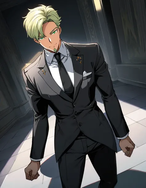 1man, veteran spy agent, handsome mature, business hair with asymmetrical bangs, narrow goatee, green platina blond hair, emerald eyes, 45yo, charming caucasian, ordinary uncle, hexagon shaped face, quiet boss, BREAK ideal ratio body proportions, middle we...