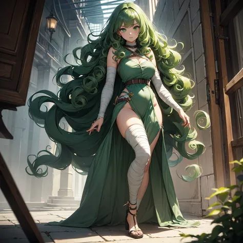 (long green curly hair:1.4)、bright green eyes、mummy-style outfit wrapped in bandages、sexy vibe、(composition：full-body perspectiv...