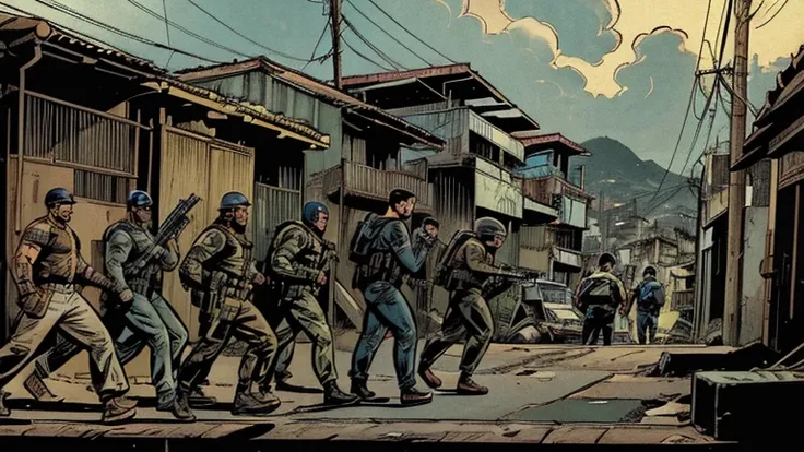 (high resolution), ((((american comics style)))), (Perspectiva Bottom-up), Armed traffickers, full bodies, walking armed, through Brazilian favelas, overcast day, (atmospheric perspective, from side).