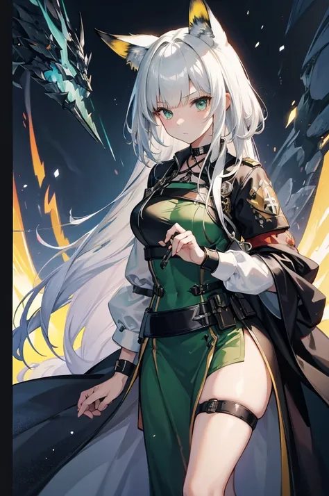 Create an anime-style image of Kaltsit from the Arknights video game. She is depicted as an elegant anime girl with long, flowing white hair that reaches her waist. She has striking green eyes that exude wisdom and calm intensity. make her fingers and hand...