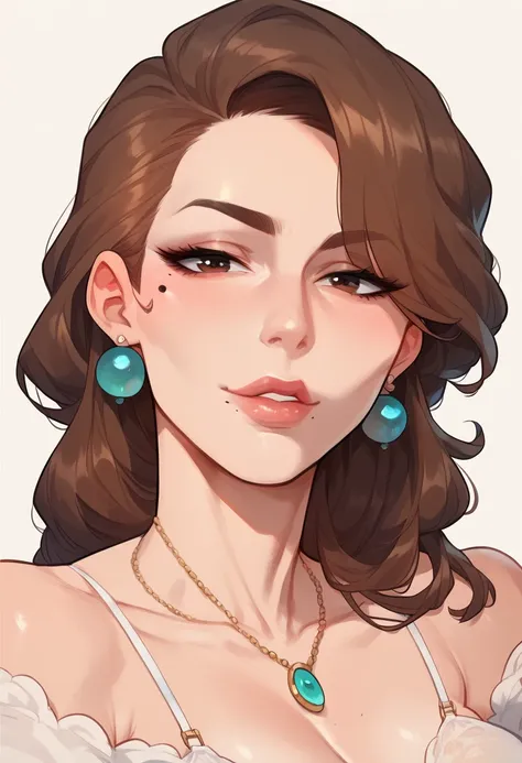 mixed_artstyle, (solo), square face, meolooking at viewer, 1 milf, brown hair, mother, beauty mark, sexy lips, close view.