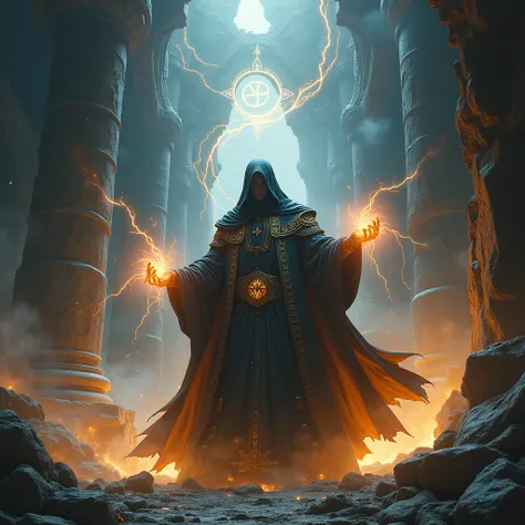 A wild sorcerer standing in the center of a crumbling ancient temple, surrounded by wild, chaotic magic that crackles with untamed energy. The air is filled with swirling arcane symbols, and the ground trembles with raw power. (masterpiece, ultra detailed,...