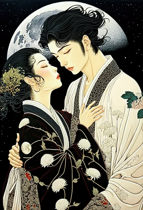 Moonlit Confession, lovers, by Takato Yamamoto, cinematic still, dynamic movement, surreal, (best quality, masterpiece, photorealistic), very aesthetic, perfect composition, intricate details, ultra-detailed, vivid colors