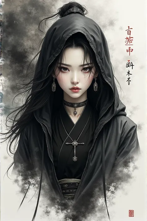 (masterpiece, best quality:1.2), 1 girl, Solitary，Two Dimensions，Astonishing,Inspired by Guilin’s myths and legends, China:Liu Sanjie，A bust of A woman 白色的长发，black eyes, A woman, A cloak over his head, Metal jewelry, Serious expression, Attack, Bow your he...