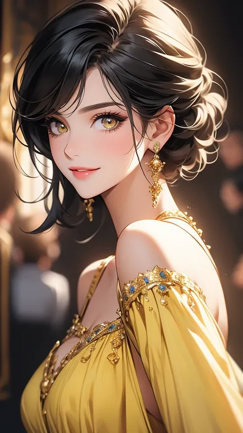 A cute girl,beautiful detailed eyes,beautiful detailed lips, black hair, short hair, yellow eyes, off-solder beautiful dress, extremely detailed eyes and face,long eyelashes, illustration, ultra-detailed, best quality, 4k, 8k, highres, masterpiece:1.2,ultr...