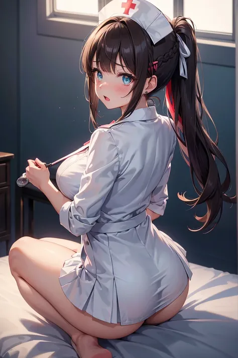 A beautiful girl dressed as a nurse kneeling on a bed using stethoscope, anime girl, (quite adorable magical nurse dress with brief pleated skirt and robe and nurse hat), upskirt, white lace panties, white lace stockings, big rounds breasts, cute ass, dark...