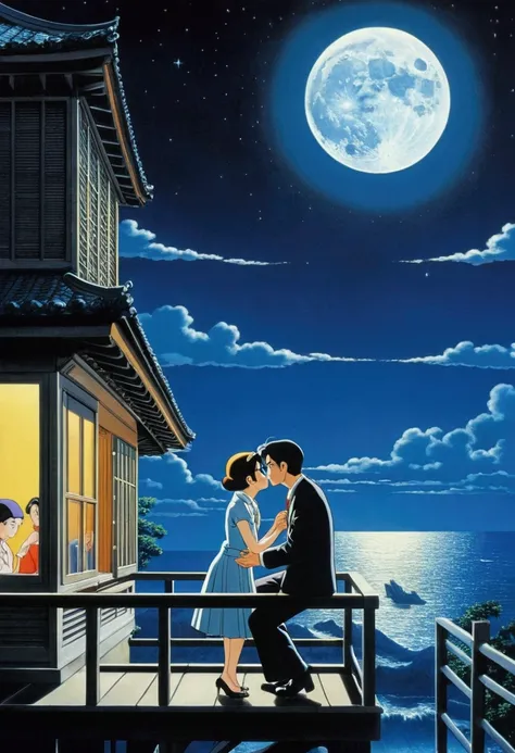 Moonlit Confession, lovers, by Osamu Tezuka, cinematic still, dynamic movement, surreal, (best quality, masterpiece, photorealistic), very aesthetic, perfect composition, intricate details, ultra-detailed, vivid colors