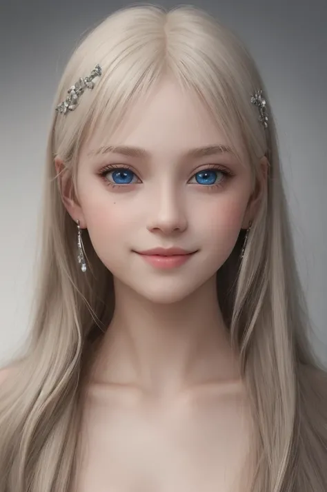 (Scandinavian girls:1.5)、Blue eyes:1.5、bangs::1.5、(Small face)、round face、Moist eyes、light in your eyes、Glowing eyes、Double eyelid eyes、Beautiful shining platinum blonde hair、Gentle expression、A perfect and beautiful 6 year old girl、Large Breasts、smile、(lo...