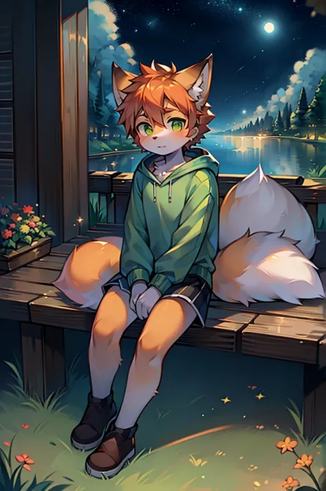 8k, Super Detail, precise, best quality，Seventeen-year-old fox boy，orange hair，Green eyes，Wearing white sweatshirt，Rich plush texture，Realistic style，Sitting on the grass，The sky is full of stars，night，Detailed background