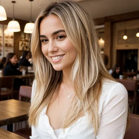 A 23-year-old blonde woman, ((pechos grandes)), ((hiperrealismo)) ,. Caffe, blonde hair with light brown roots. cabello rubio, Hair with brown roots, cabello extra largo, cabello muy largo, really long hair, Beautiful, Front view, photo taken with HD camer...