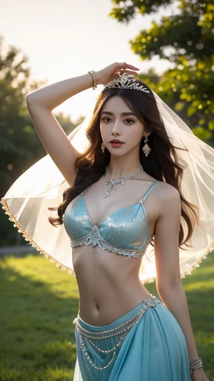 ltra-detailed,highly detailed,best quality,masterpiece,illustration,realistic,photorealistic, 1girl, solo, dancer, brown eyes, navel, midriff, medium breasts, upper body, jianan, huawuhen, arabian clothes, harem outfit, harem pants, see-through, veil, bra,...