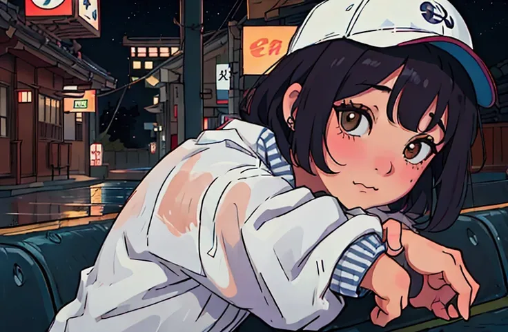 Create a scene of a 16-year-old shy girl playing at an arcade,A lonely look,citypop, Short black hair,Wearing a baseball cap , and through the window you can see fireflies and a beautiful landscape full of stars 夜に, Characters with detailed faces, hands an...