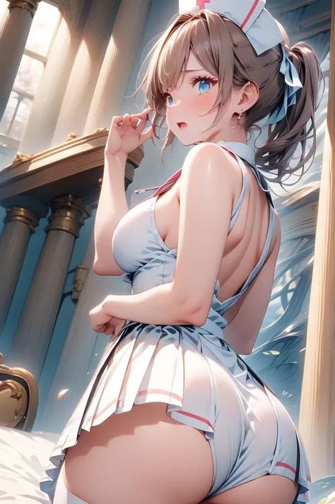 A beautiful girl dressed as a nurse kneeling on a bed using stethoscope, anime girl, (quite adorable magical nurse dress with brief pleated skirt and robe and nurse hat), upskirt, white lace panties, white lace stockings, big rounds breasts, cute ass, dark...