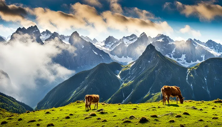 mountains and lakes、and a cow in the foreground, swiss alps, majestic nature scenery, alpine landscape, in the swiss alps, beaut...