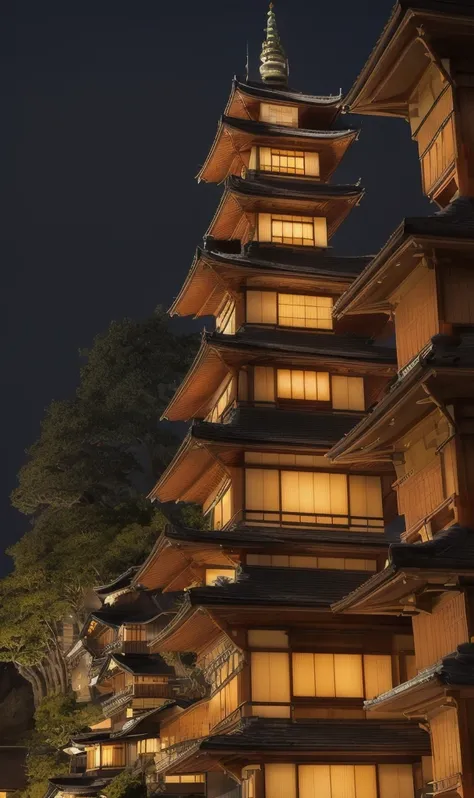 High resolution, Japanese-style streetscape, steep cliff, wooden scaffolding on which Japanese-style buildings are built on the rock face, Japanese-style buildings embedded in the side of the cliff, smoke rising from the chimneys of the pioneers, gorgeous,...