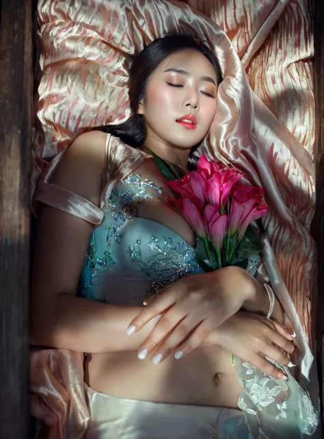 in a striking 8k hdr scene, a stunning korean woman, 22 years old, lies peacefully in a coffin and coffin cover surrounded by pl...