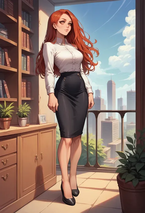 (1girl, solo), (girl is (redhead long hair), perfect body, detailed olive eyes, (shoes, white blouse, black skirt)), (scenery modern office, city skyscrapers)