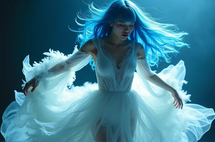 A model with long blue hair, styled in futuristic waves and bangs, is captured mid-swing by photographer Chen Mans dynamic lighting. The scene exudes energy as the light casts vibrant shadows on her flowing dress, which features ethereal feathers that add ...