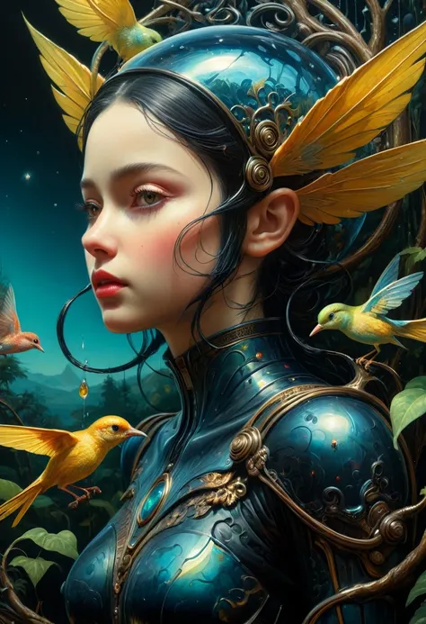 Astronaut on Alien planet, alien flora and fauna. Unusual trees and bushes. Strange animals and birds. Mark Ryden, Nicoletta Ceccolis cinematic character rendering, head to shoulder portrait, over-detail, art by James Jean and Sachin Teng, cgsociety, hands...