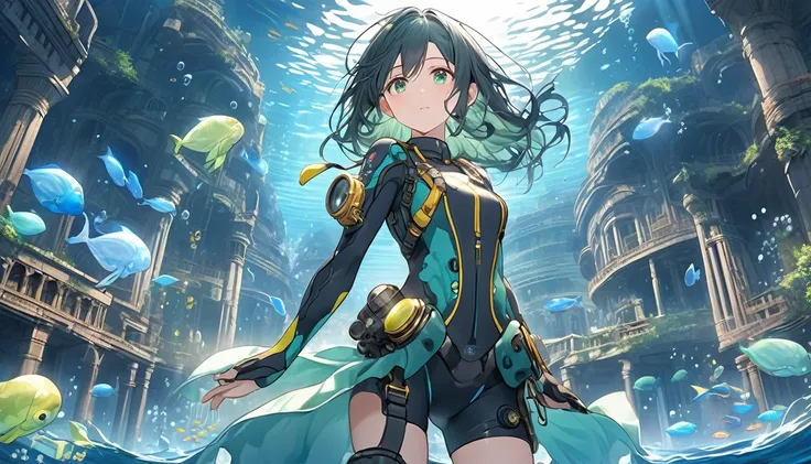 **217. One person。Mysterious Underwater City。Fantasy＋adventure。Cowboy shot or close-up。  
masterpiece, best quality, ultra detailed (Detailed fingers), (Emotional), (Breathtakingly beautiful),  
(main part: 1.2 Whole body。), (Anime Style), (Very detailed),...