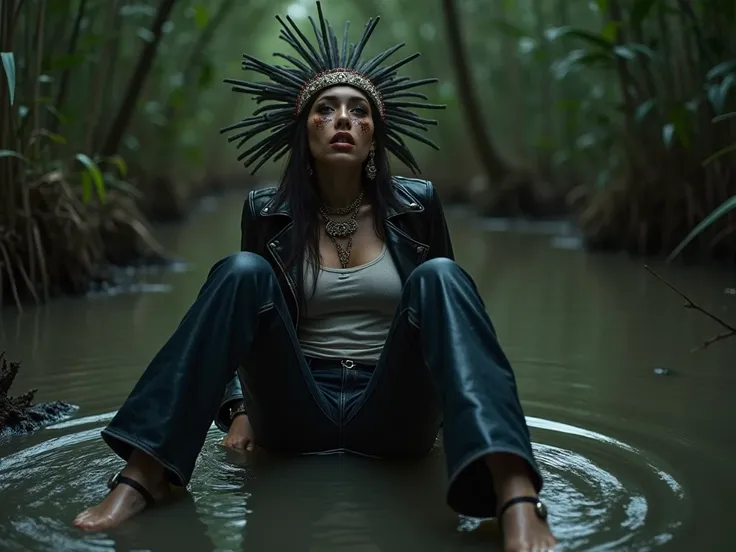 documentary drama portrait, a woman in high heels and wetlook flared jeans and t-shirt and biker jacket, desperate stuck in bog, victim of ritual, sexy posing, seductive posing, wearing a beautiful headdress and traditional indigenous makeup, red, noir