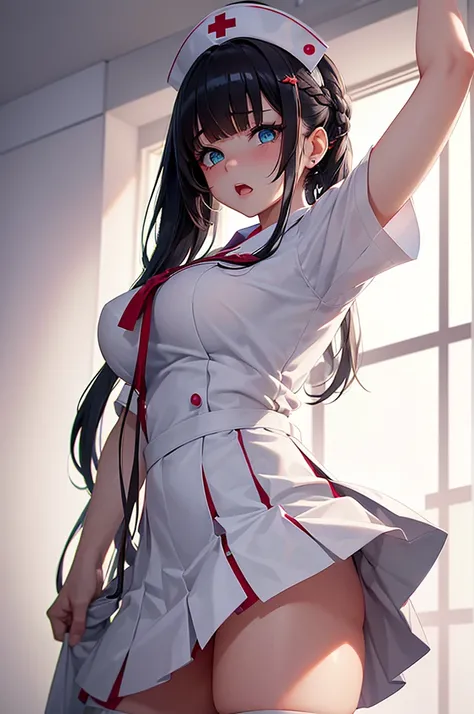 A beautiful girl dressed as a nurse posing for the photo, using stethoscope, anime girl, (quite adorable nurse dress with brief pleated skirt and robe and nurse hat), upskirt, (skirt lift:1.4), white lace panties, white lace stockings, big rounds breasts, ...